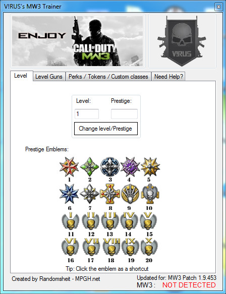 lvlhack для Call of Duty Modern Warfare 3 Randomsheit MP Trainer 1.9.453
